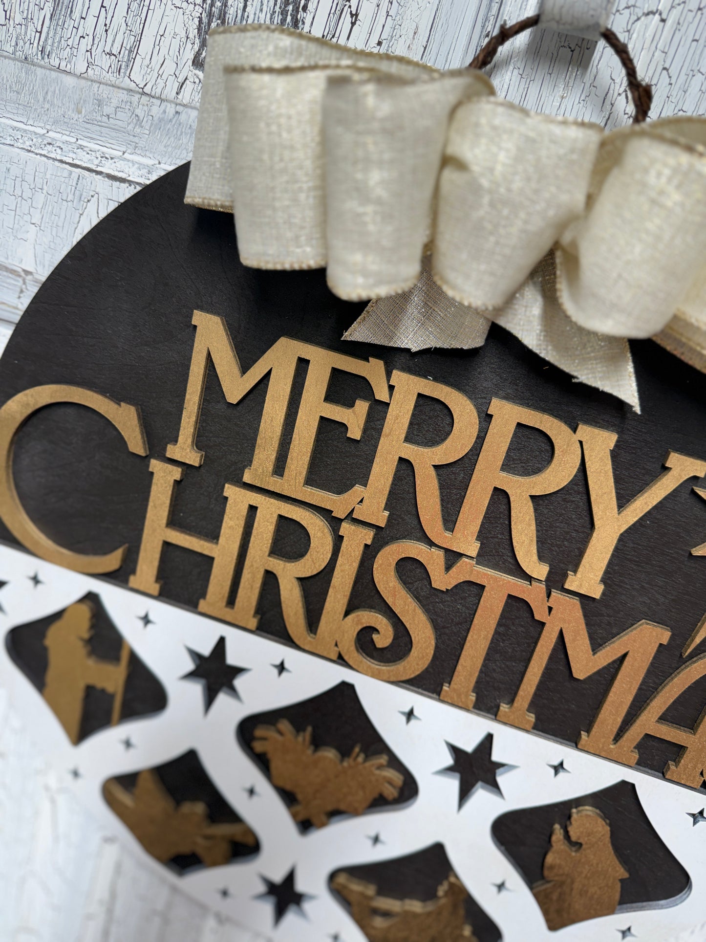 Nativity Silhouette Merry Christmas Layered Door Hanger – 18 Inch Round Wooden Christmas Sign for Front Door or Wall