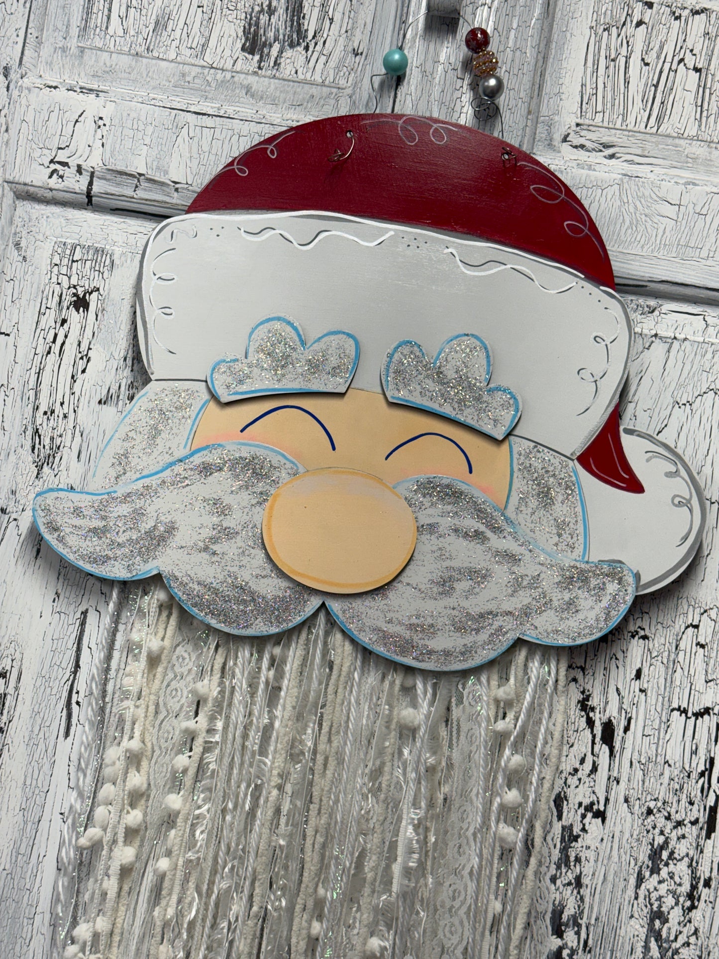 Santa Extra Large Door Hanger, Christmas Santa Ribbon Trim Beard, Father Christmas Holiday Decor, St Nick Front Door Wreath Decoration