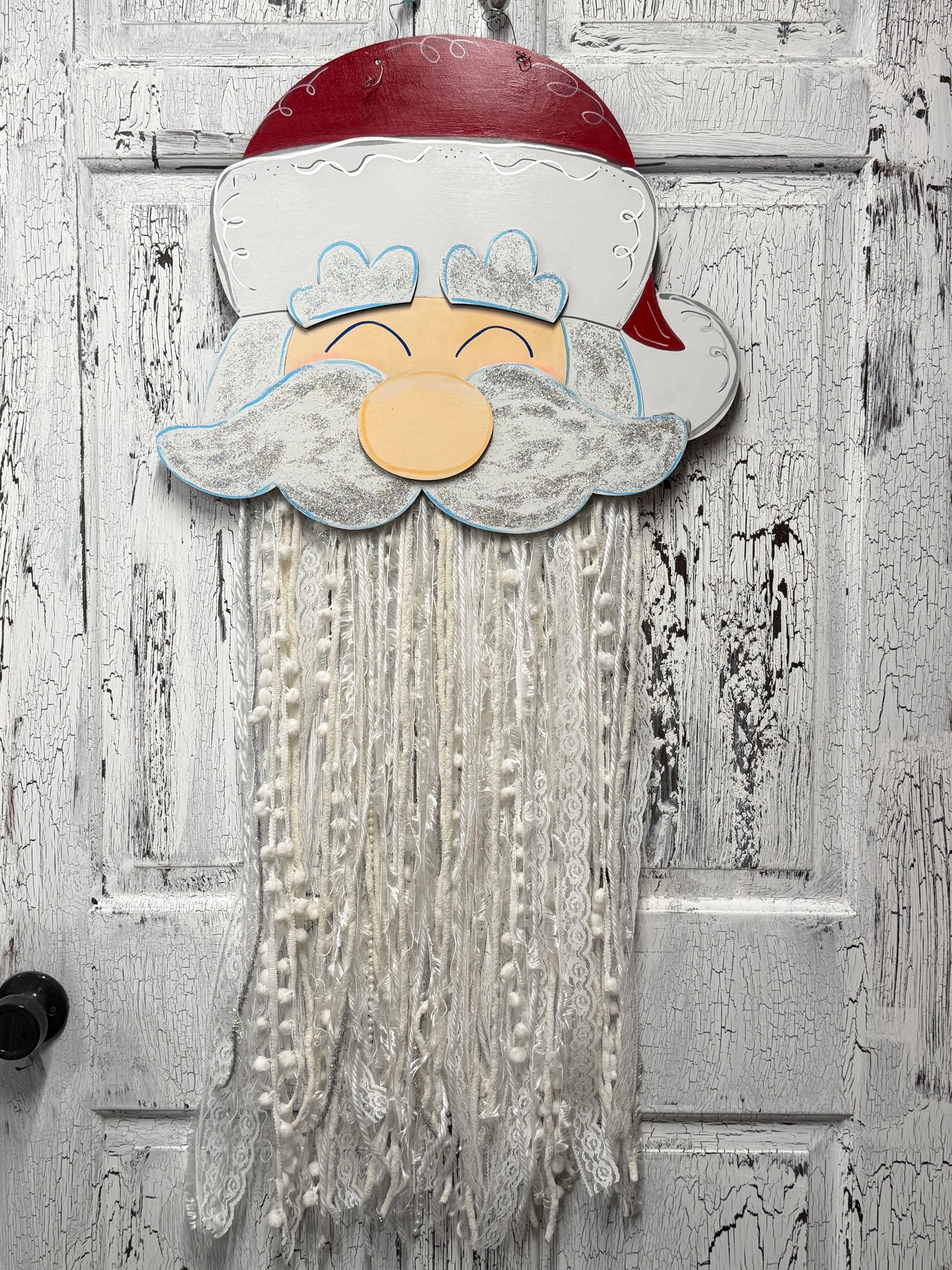 Santa Extra Large Door Hanger, Christmas Santa Ribbon Trim Beard, Father Christmas Holiday Decor, St Nick Front Door Wreath Decoration