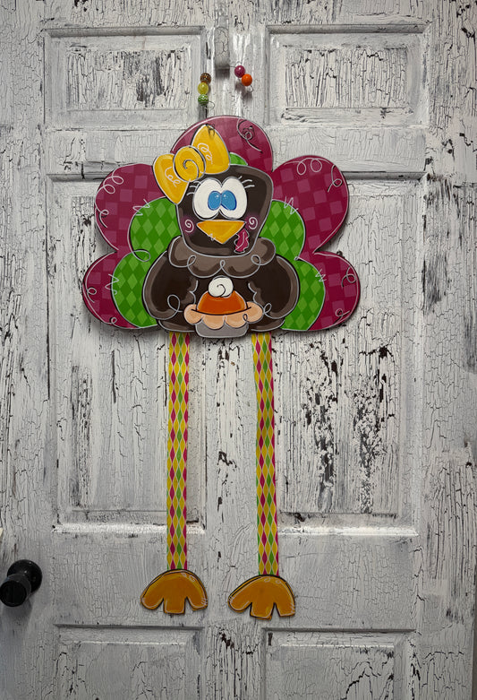 Whimsical Hand Painted Turkey Door Hanger with Ribbon Legs – Thanksgiving Door Decor