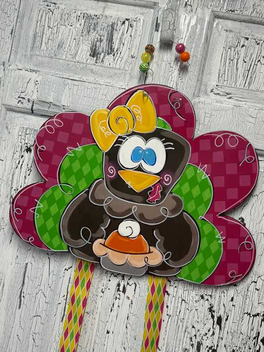 Whimsical Hand Painted Turkey Door Hanger with Ribbon Legs – Thanksgiving Door Decor