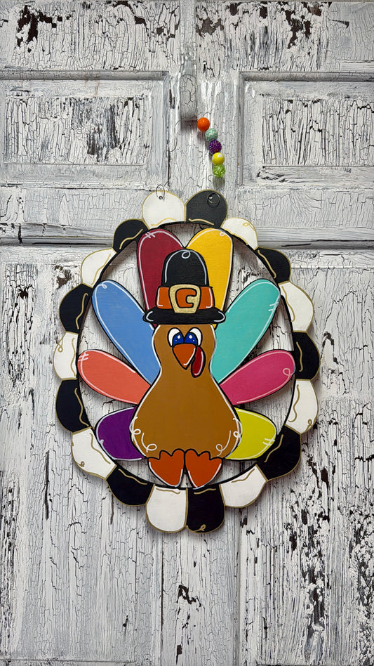 Whimsical Hand Painted Turkey Scalloped Frame Door Hanger – Thanksgiving Door Decor