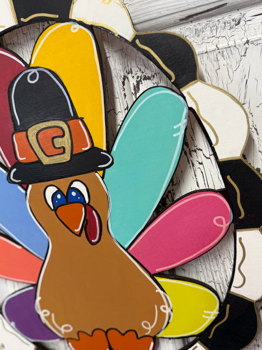 Whimsical Hand Painted Turkey Scalloped Frame Door Hanger – Thanksgiving Door Decor