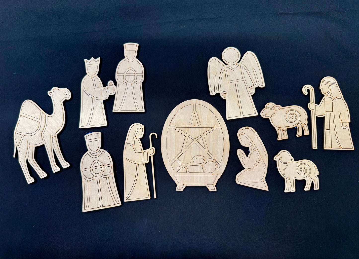Laser Cut Wooden Nativity Set | Barn Quilt Style or Open Frame Design | Christmas Nativity Scene Outline Cut Blank | Holy Family DIY Resin, Glass, or Craft Project