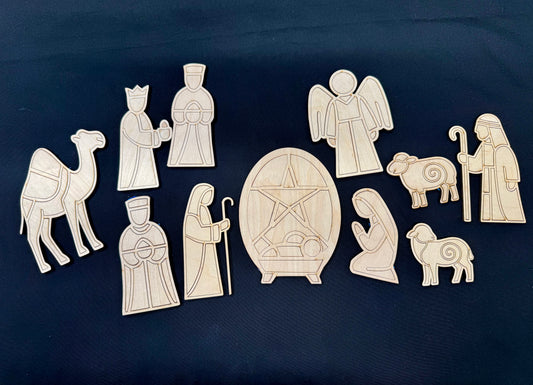 Laser Cut Wooden Nativity Set | Barn Quilt Style or Open Frame Design | Christmas Nativity Scene Outline Cut Blank | Holy Family DIY Resin, Glass, or Craft Project
