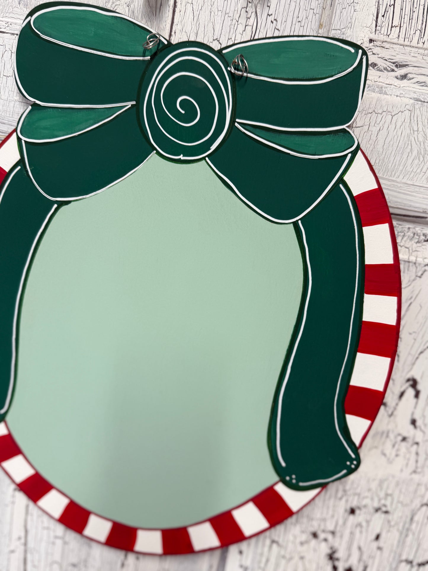 Whimsical Gingerbread Christmas Door Hanger with Candy Cane Stripes and Green Bow – Hand Painted Holiday Wood Decor