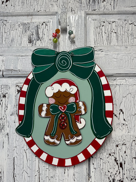 Whimsical Gingerbread Christmas Door Hanger with Candy Cane Stripes and Green Bow – Hand Painted Holiday Wood Decor