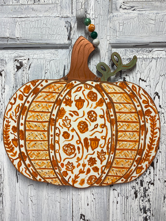 Fall Chinoiserie Pumpkin Front Door Wreath, Orange Cream Fall Floral Dentist Doctor Office Wall Decor, Pumpkin Palooza Harvest Party