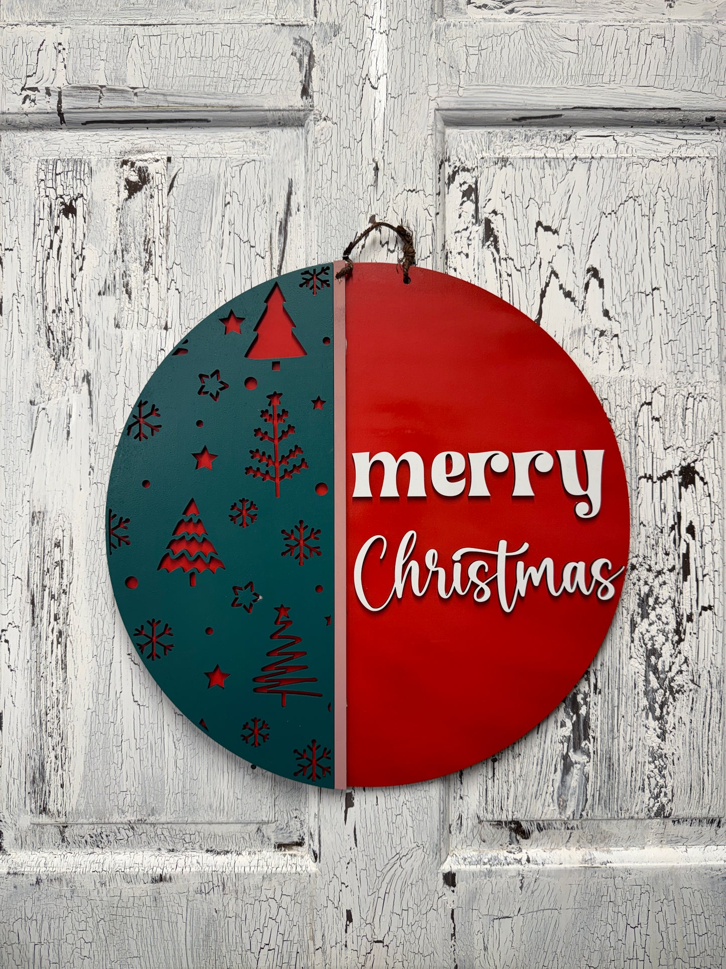 Merry Christmas Front Door Hanger Wreath, Wooden Gift for New Homeowner, Holiday Greeting Wall Decor, From Realtor to Client, Whimsical Tree Ribbon and Greenery