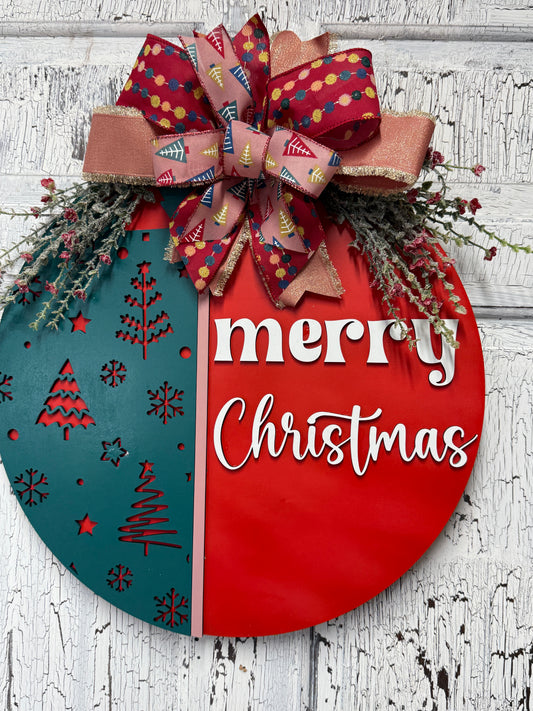 Merry Christmas Front Door Hanger Wreath, Wooden Gift for New Homeowner, Holiday Greeting Wall Decor, From Realtor to Client, Whimsical Tree Ribbon and Greenery