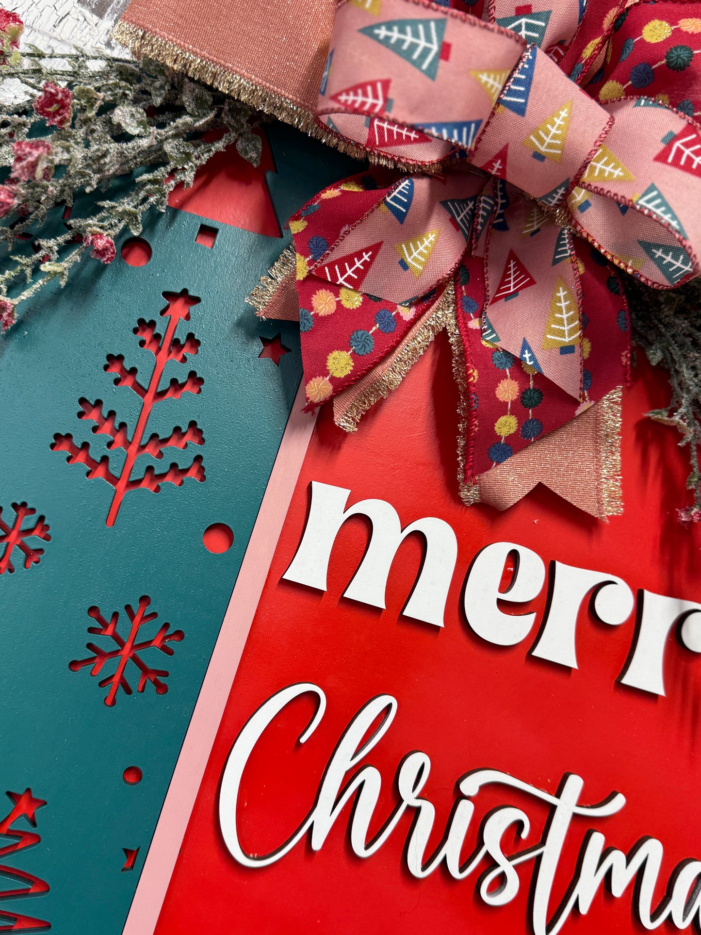 Merry Christmas Front Door Hanger Wreath, Wooden Gift for New Homeowner, Holiday Greeting Wall Decor, From Realtor to Client, Whimsical Tree Ribbon and Greenery