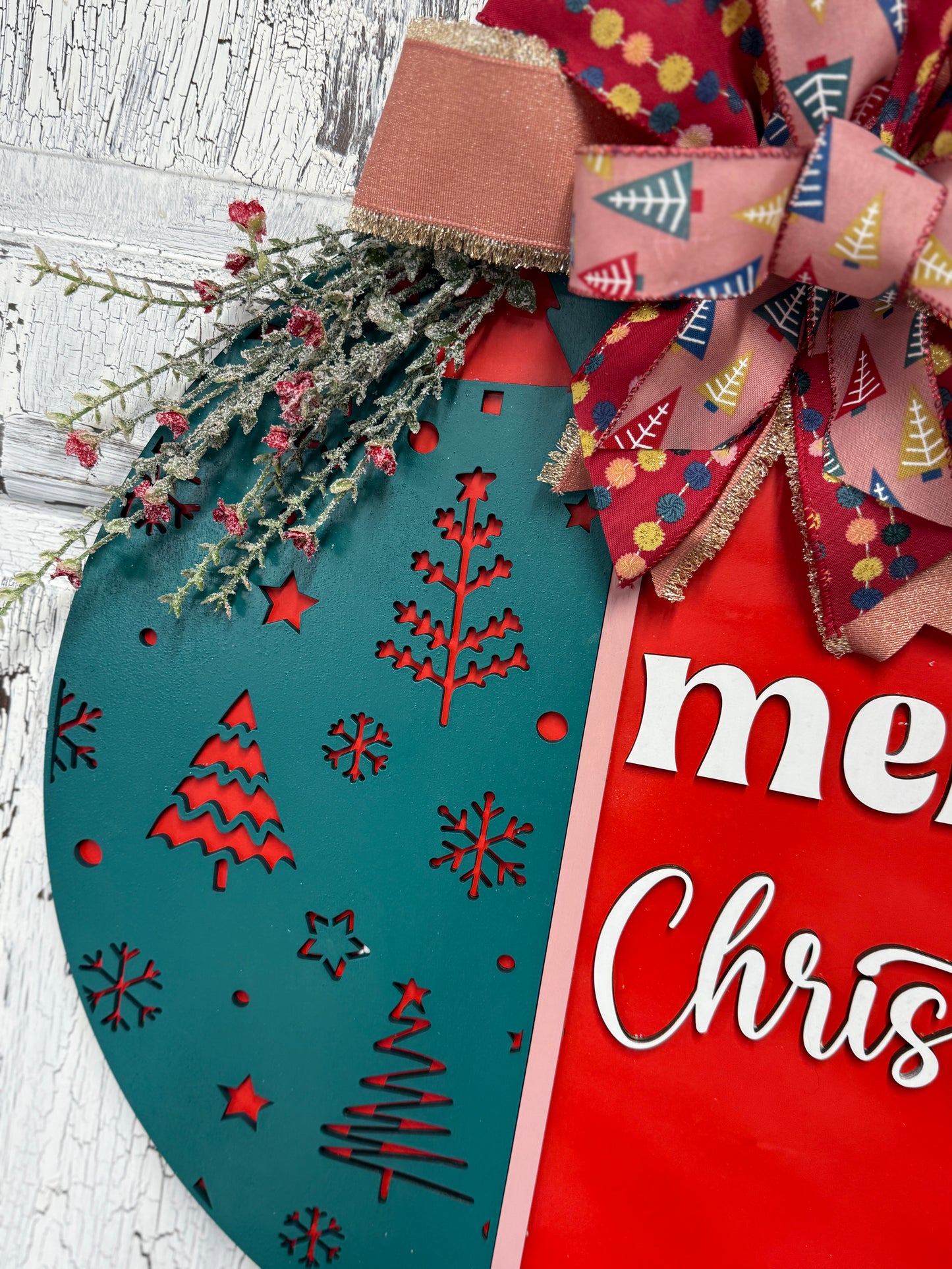 Merry Christmas Front Door Hanger Wreath, Wooden Gift for New Homeowner, Holiday Greeting Wall Decor, From Realtor to Client, Whimsical Tree Ribbon and Greenery