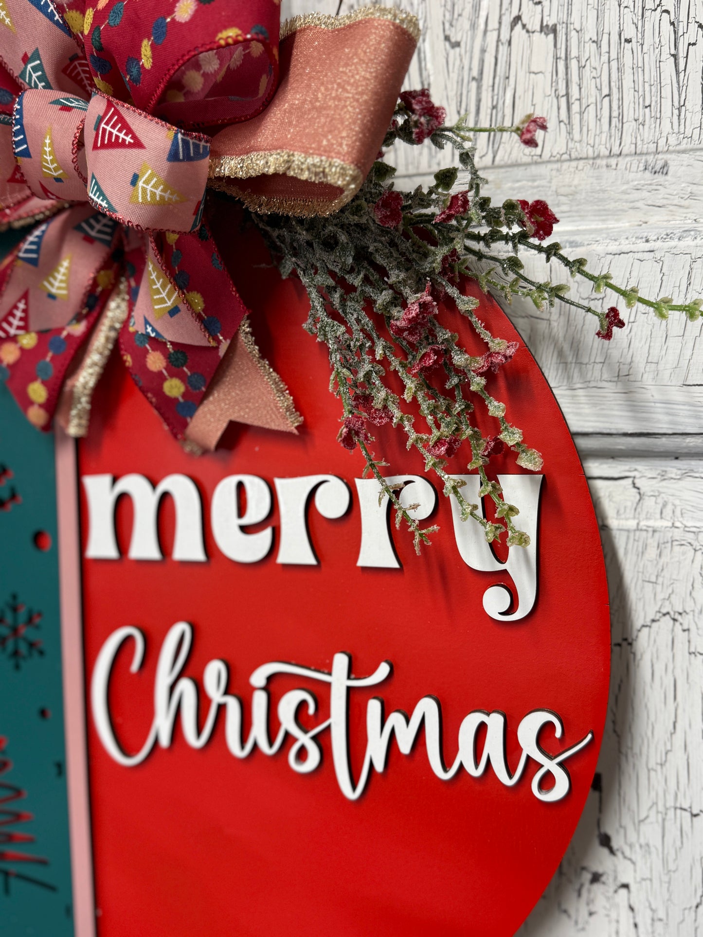 Merry Christmas Front Door Hanger Wreath, Wooden Gift for New Homeowner, Holiday Greeting Wall Decor, From Realtor to Client, Whimsical Tree Ribbon and Greenery