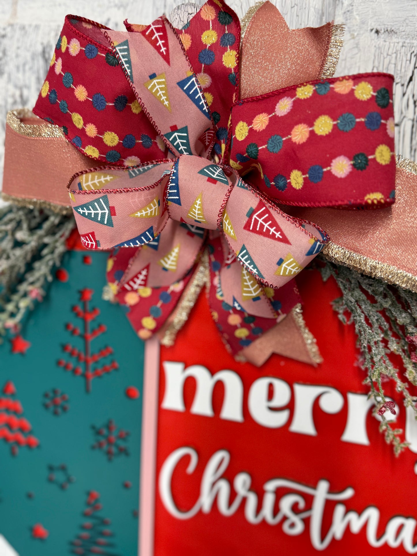 Merry Christmas Front Door Hanger Wreath, Wooden Gift for New Homeowner, Holiday Greeting Wall Decor, From Realtor to Client, Whimsical Tree Ribbon and Greenery