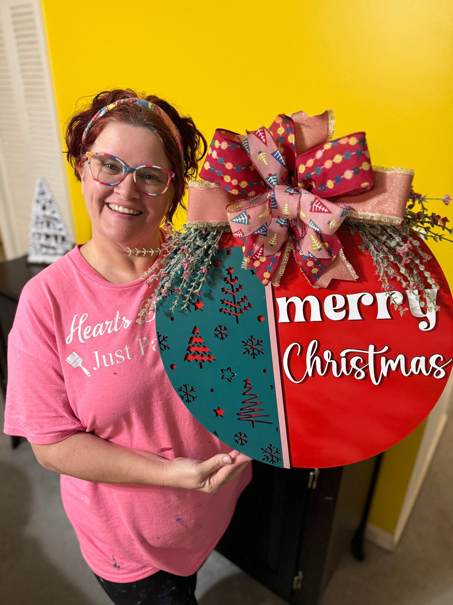 Merry Christmas Front Door Hanger Wreath, Wooden Gift for New Homeowner, Holiday Greeting Wall Decor, From Realtor to Client, Whimsical Tree Ribbon and Greenery