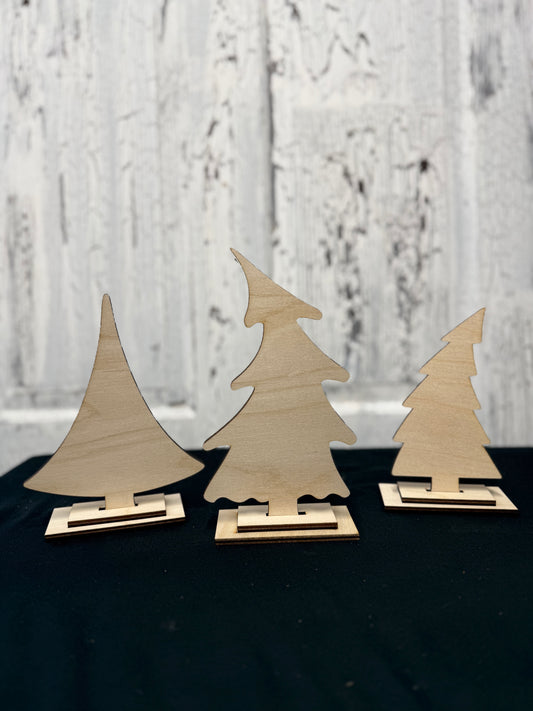 Whimsical Christmas Tree Shelf Sitters Set of 3 with stands - Quirky Funky Holiday Decor