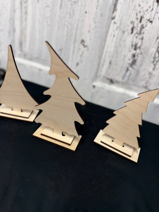 Whimsical Christmas Tree Shelf Sitters Set of 3 with stands - Quirky Funky Holiday Decor