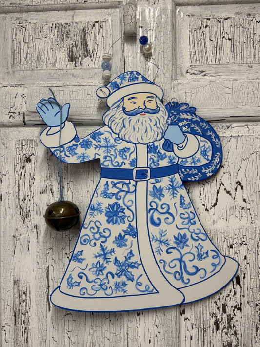Chinoiserie Santa Wooden Door Hanger – Elegant Blue and White Christmas Decor