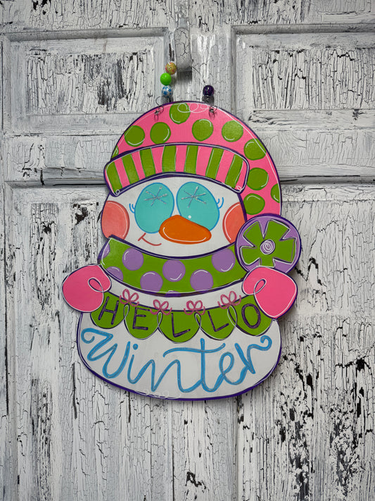 Bright Whimsical Snowman Door Hanger | Hello Winter Wood Sign | Hand Painted Winter Front Door Decor | Cute Colorful Holiday Door Decoration