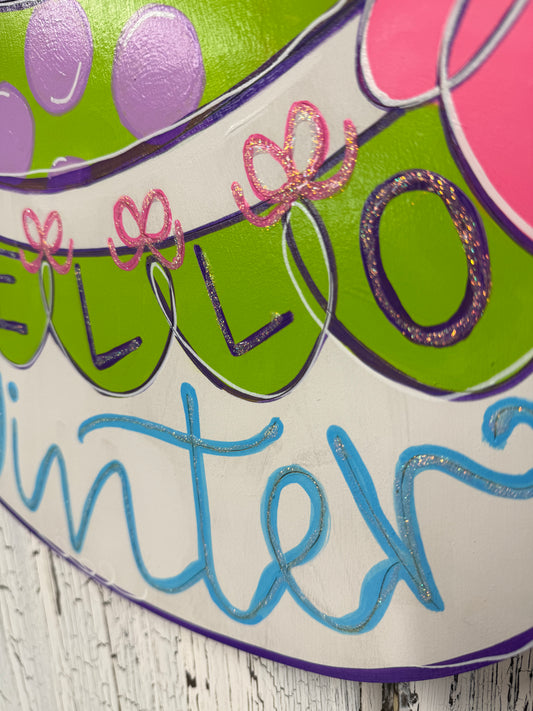 Bright Whimsical Snowman Door Hanger | Hello Winter Wood Sign | Hand Painted Winter Front Door Decor | Cute Colorful Holiday Door Decoration