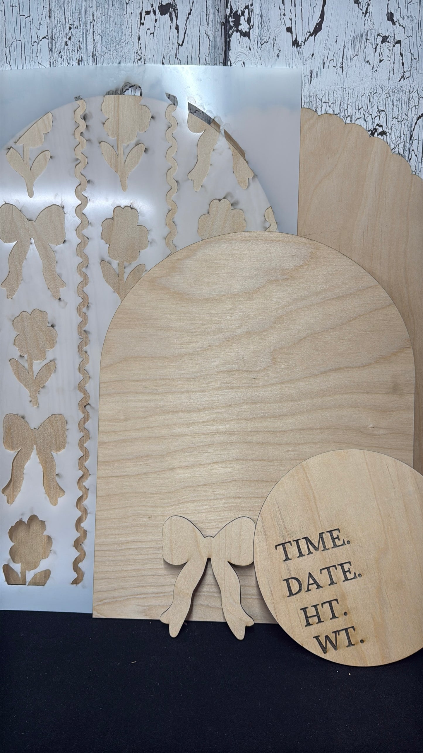 Shabby Chic Baby Announcement DIY Wood Sign Kit | Coquette Bow Nursery Decor | Birth Stats Round | Reusable Stencil | DIY Door Hanger Kit