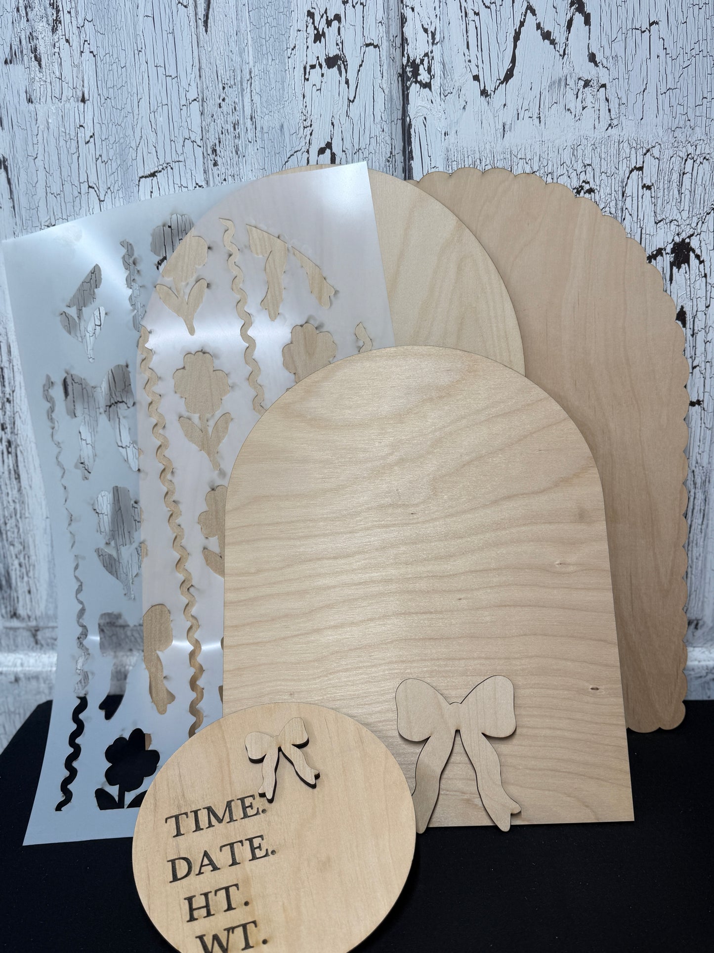 Shabby Chic Baby Announcement DIY Wood Sign Kit | Coquette Bow Nursery Decor | Birth Stats Round | Reusable Stencil | DIY Door Hanger Kit
