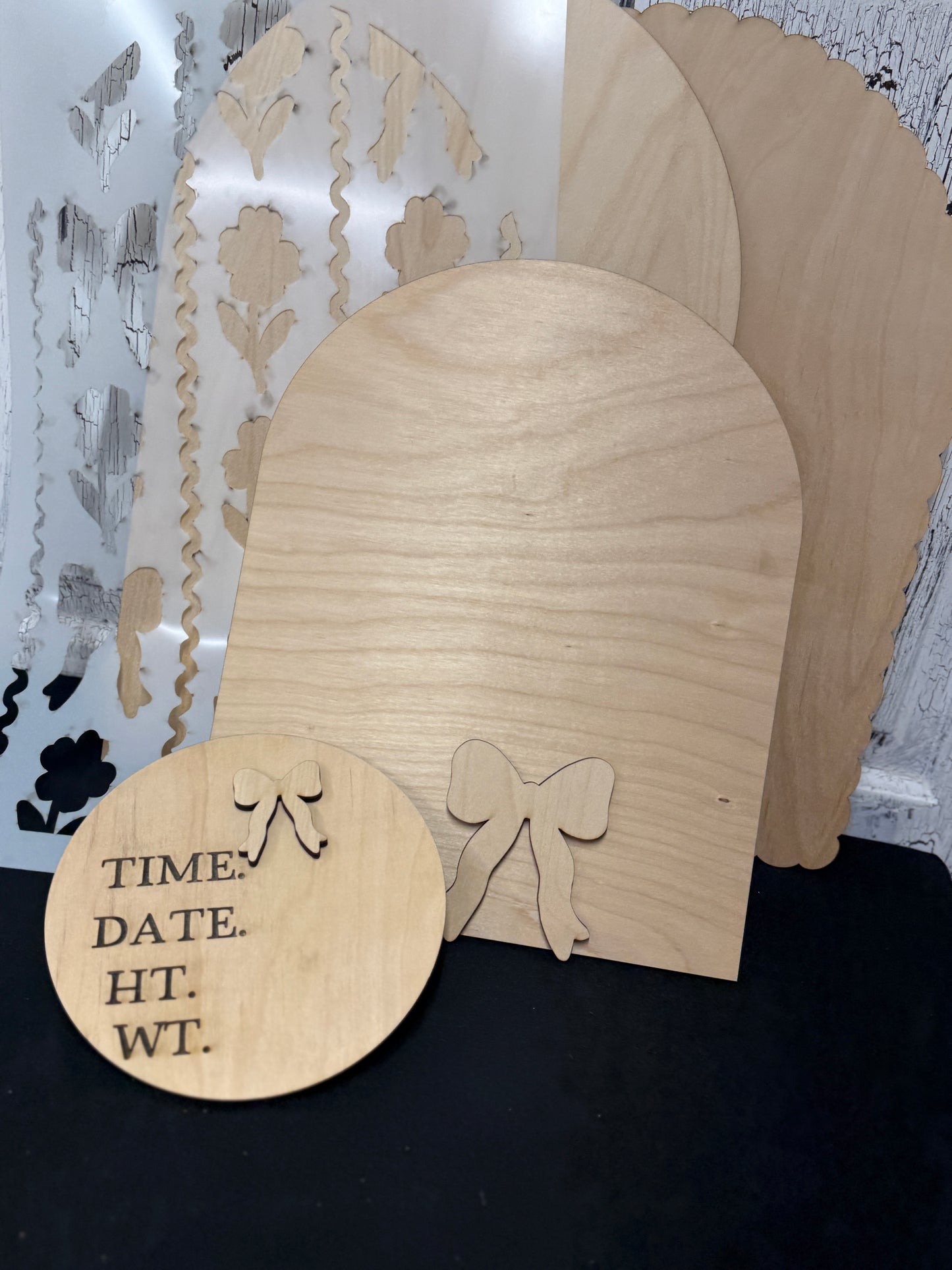 Shabby Chic Baby Announcement DIY Wood Sign Kit | Coquette Bow Nursery Decor | Birth Stats Round | Reusable Stencil | DIY Door Hanger Kit