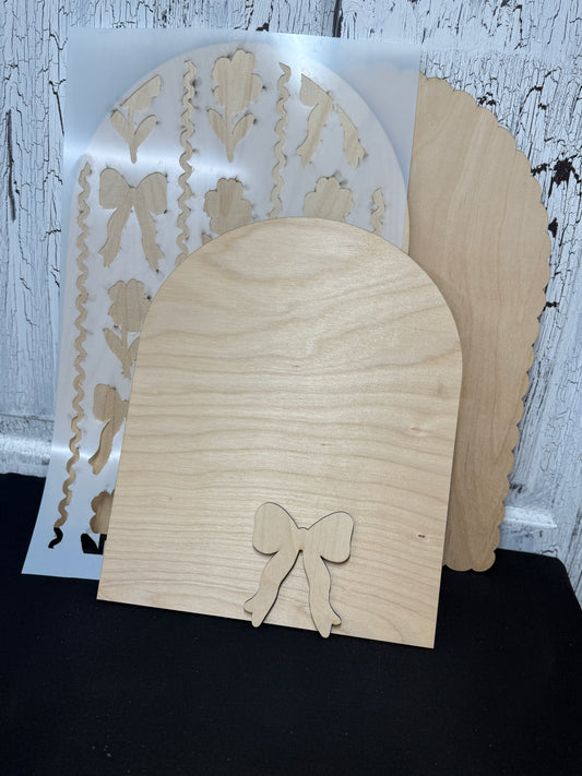 Shabby Chic Baby Announcement DIY Wood Sign Kit | Coquette Bow Nursery Decor | Birth Stats Round | Reusable Stencil | DIY Door Hanger Kit