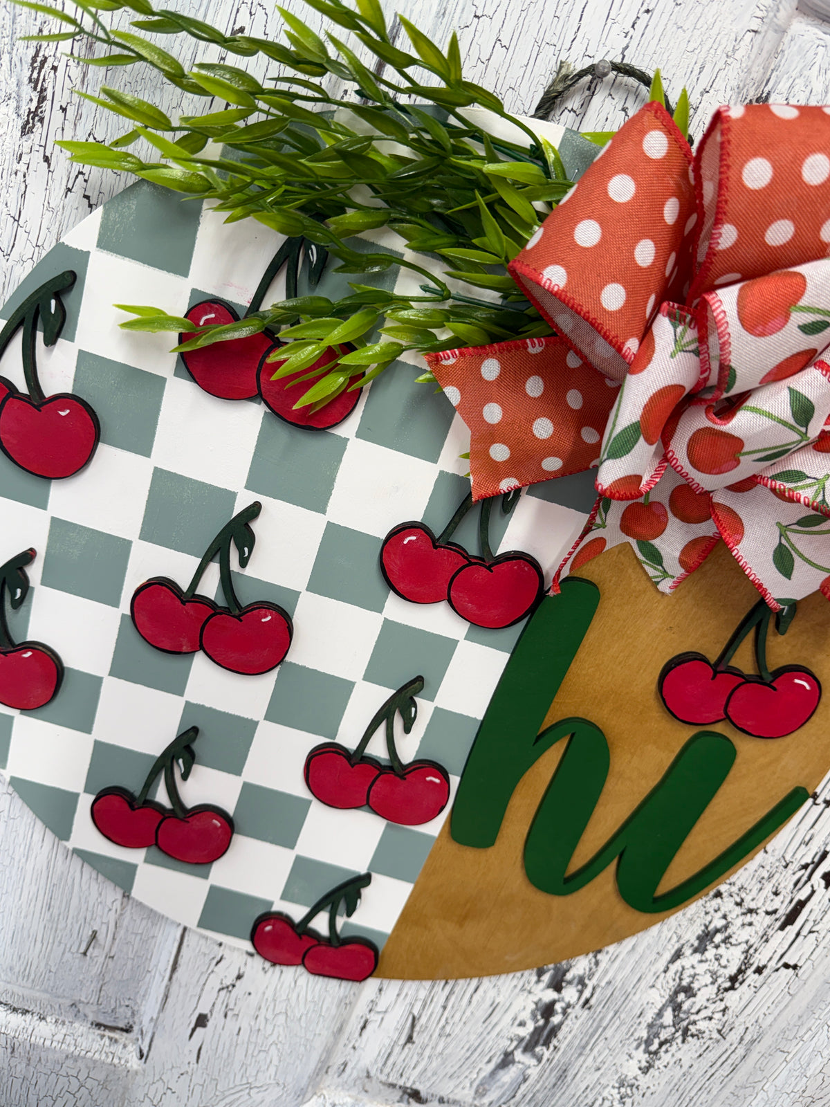 Cherry Theme Hi Door Hanger DIY Kit | Wood Blank with 3D Words | Reusable Stencil Craft Kit | Round Sign