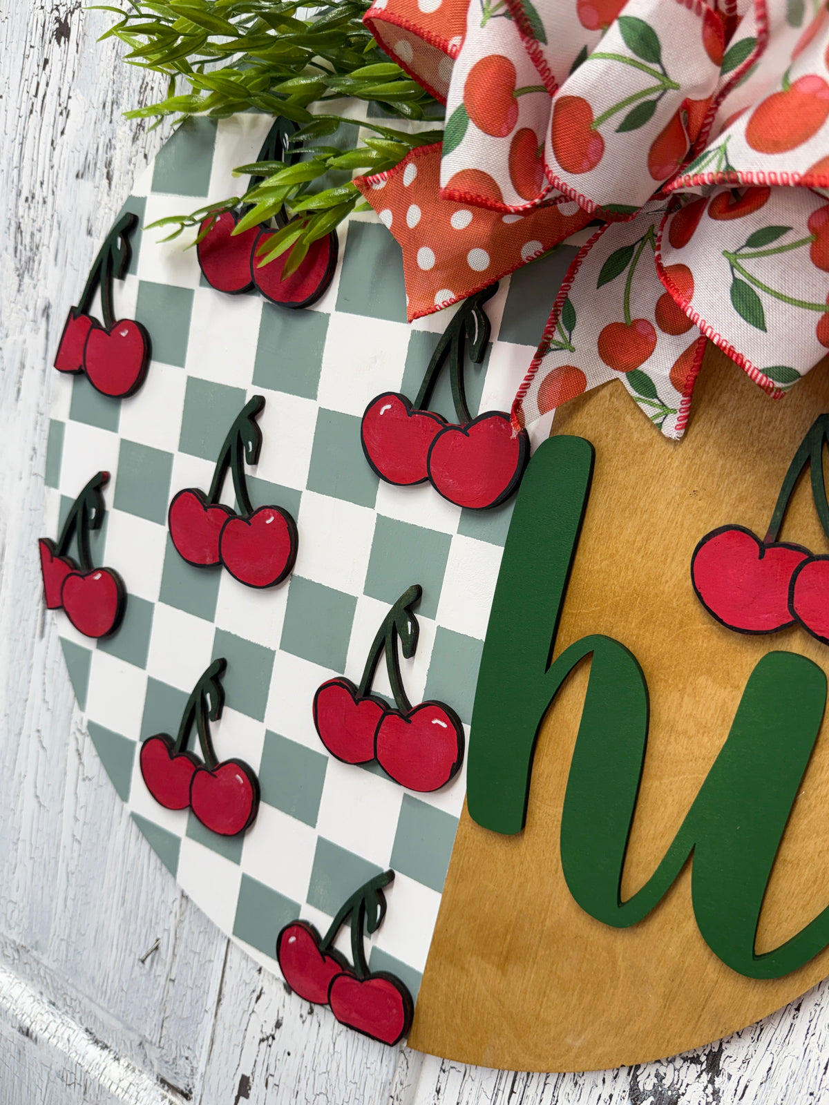 Cherry Theme Hi Door Hanger DIY Kit | Wood Blank with 3D Words | Reusable Stencil Craft Kit | Round Sign