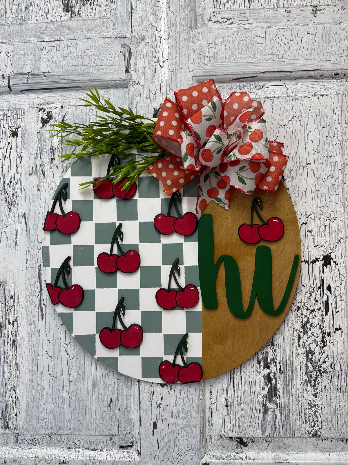 Cherry Theme Hi Door Hanger DIY Kit | Wood Blank with 3D Words | Reusable Stencil Craft Kit | Round Sign