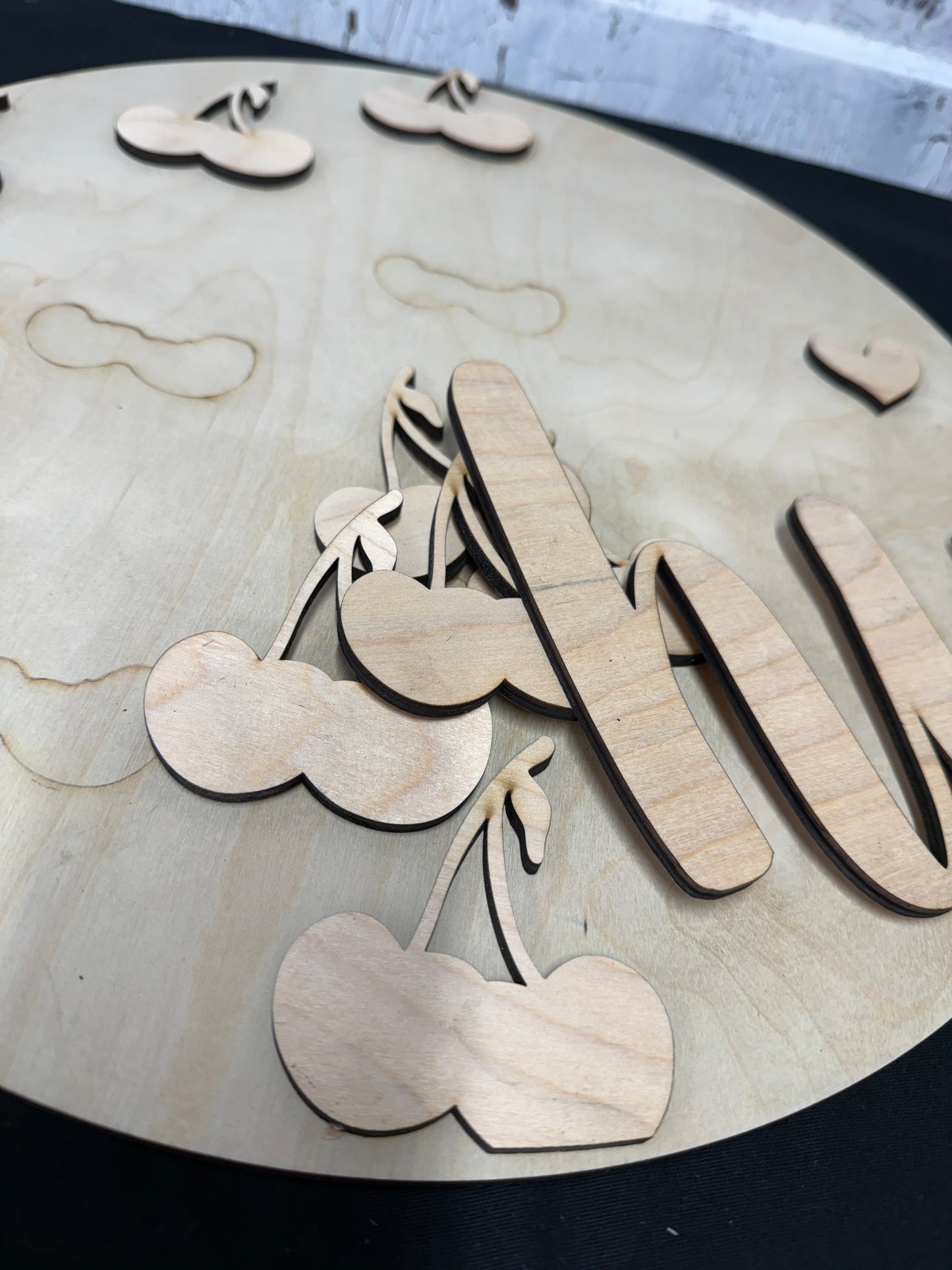 Cherry Theme Hi Door Hanger DIY Kit | Wood Blank with 3D Words | Reusable Stencil Craft Kit | Round Sign