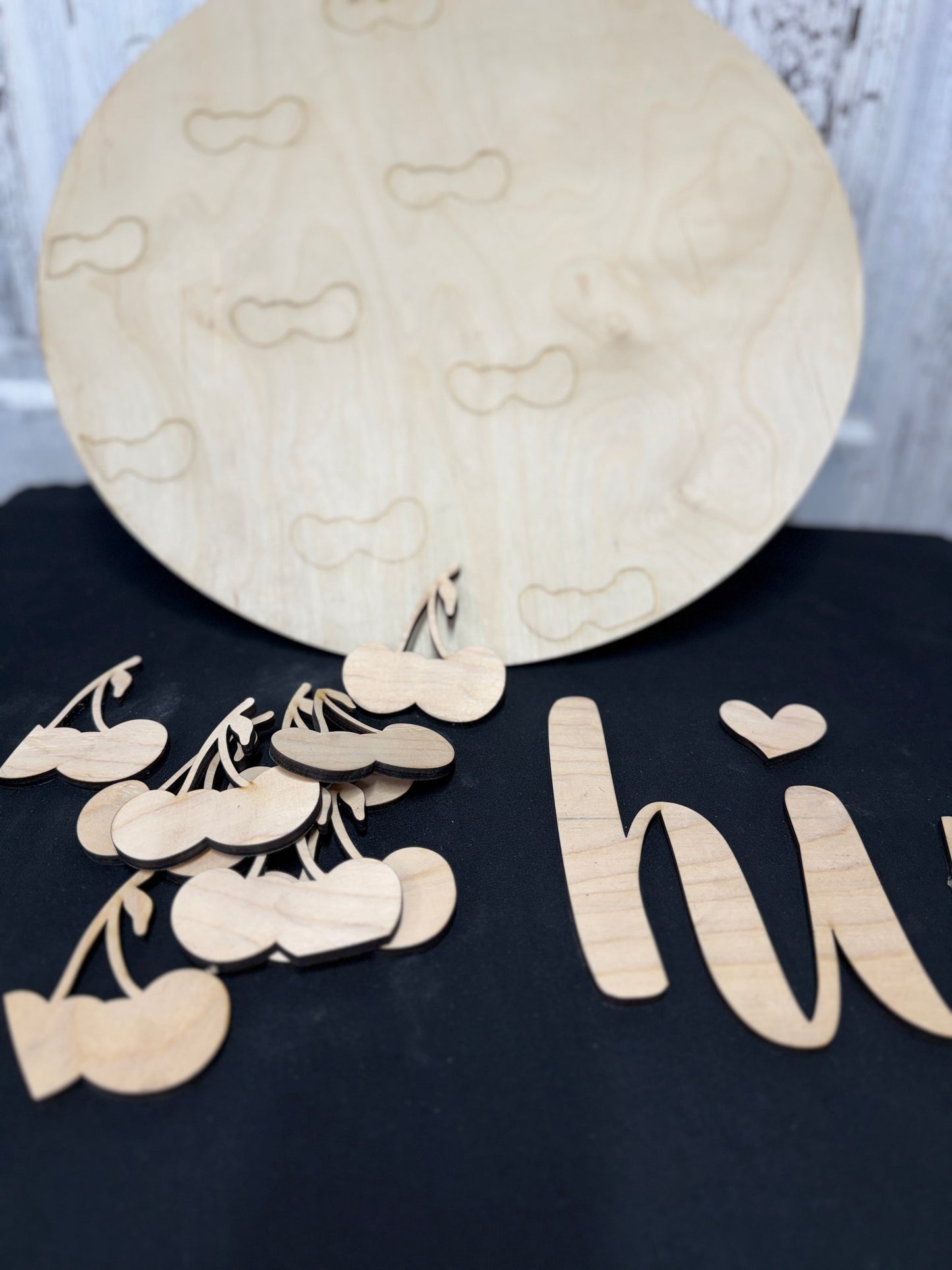 Cherry Theme Hi Door Hanger DIY Kit | Wood Blank with 3D Words | Reusable Stencil Craft Kit | Round Sign
