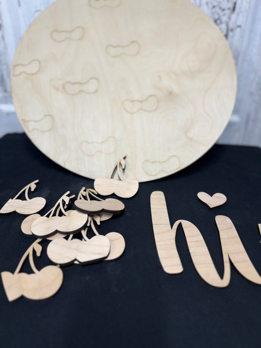 Cherry Theme Hi Door Hanger DIY Kit | Wood Blank with 3D Words | Reusable Stencil Craft Kit | Round Sign