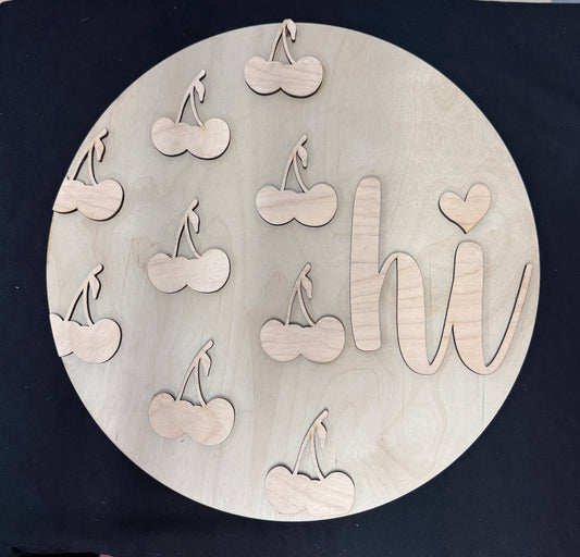 Cherry Theme Hi Door Hanger DIY Kit | Wood Blank with 3D Words | Reusable Stencil Craft Kit | Round Sign