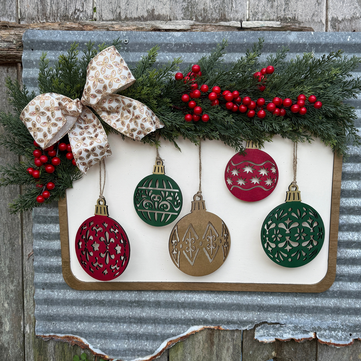 Christmas Ornament Mantle Sign | Greenery & Layered Holiday Decor