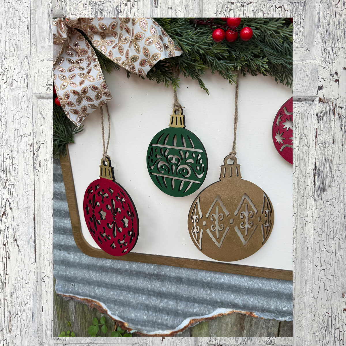 Christmas Ornament Mantle Sign | Greenery & Layered Holiday Decor