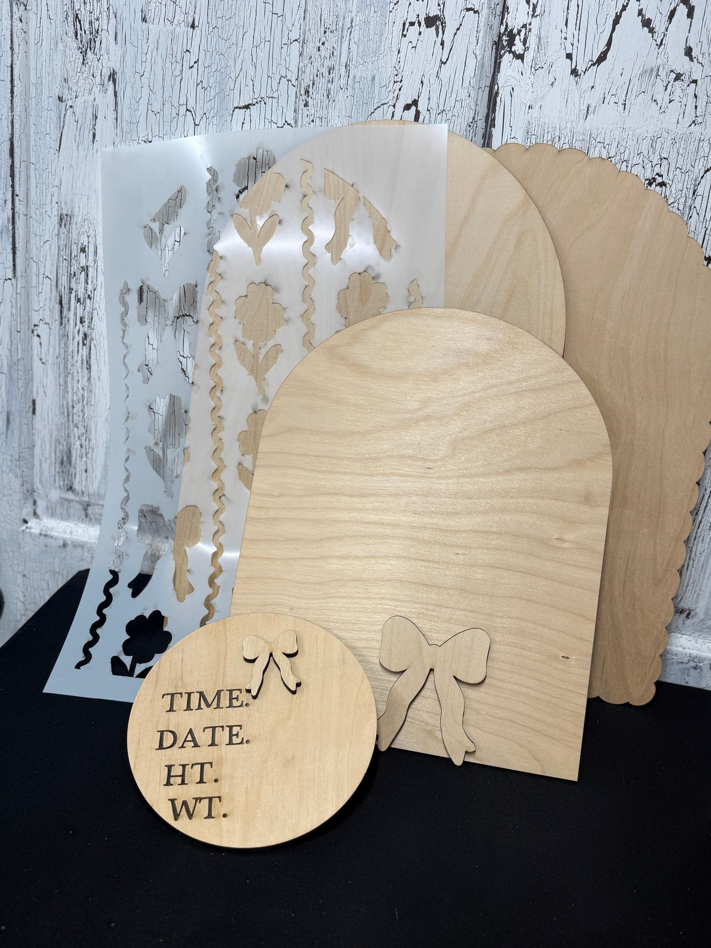 Shabby Chic Baby Announcement DIY Wood Sign Kit | Coquette Bow Nursery Decor | Birth Stats Round | Reusable Stencil | DIY Door Hanger Kit