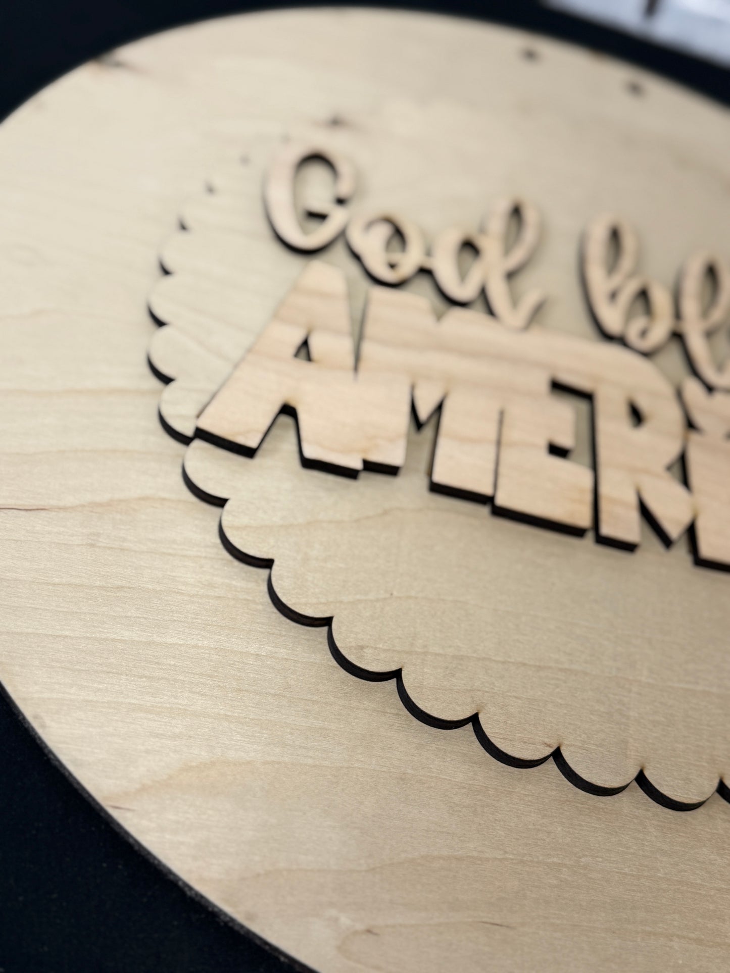 God Bless America Door Hanger DIY Kit | Patriotic Wood Blank with 3D Words | Faith Based Craft Kit | Scalloped Round Sign