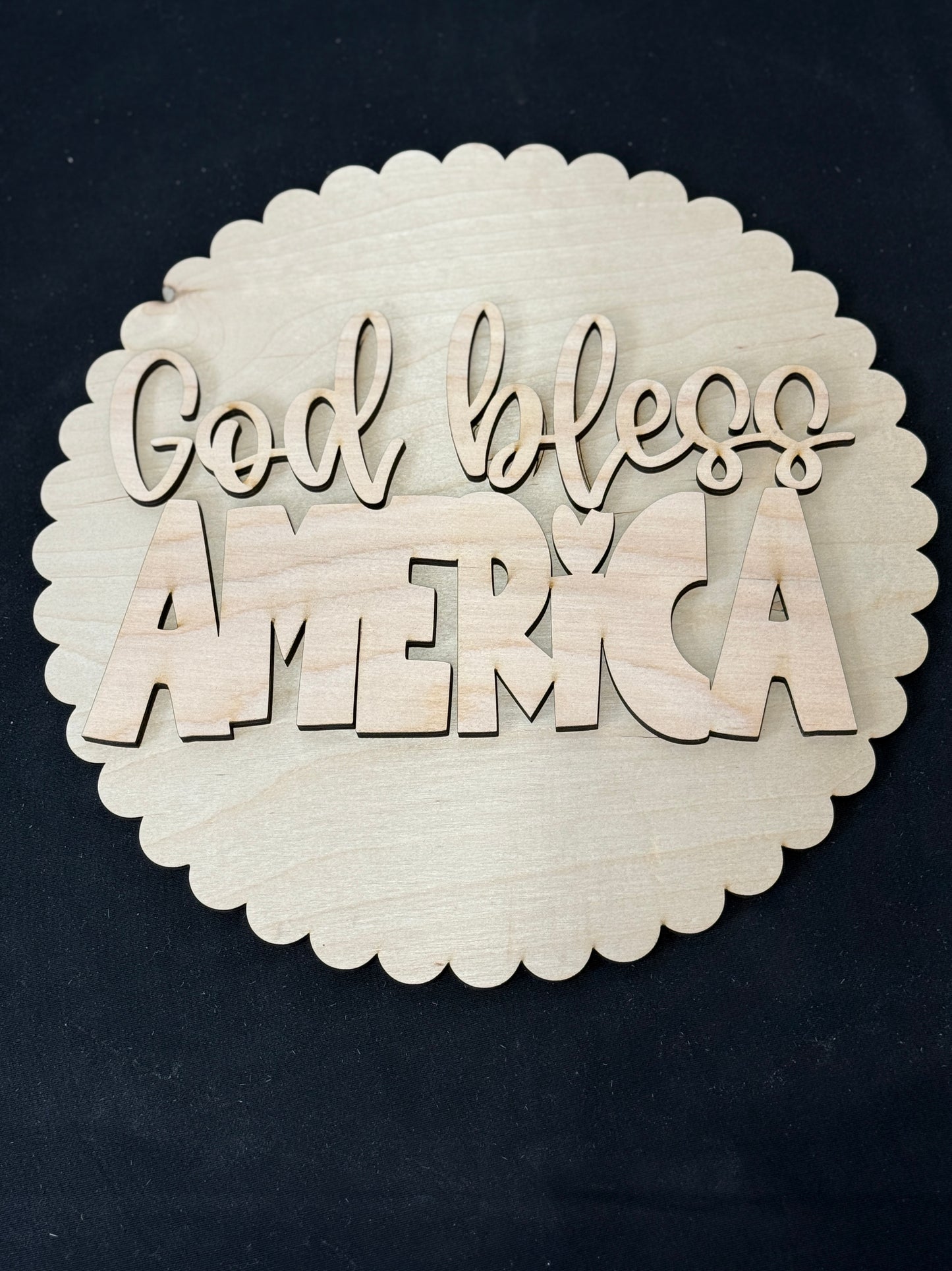God Bless America Door Hanger DIY Kit | Patriotic Wood Blank with 3D Words | Faith Based Craft Kit | Scalloped Round Sign
