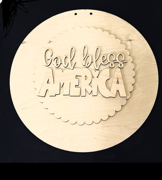 God Bless America Door Hanger DIY Kit | Patriotic Wood Blank with 3D Words | Faith Based Craft Kit | Scalloped Round Sign