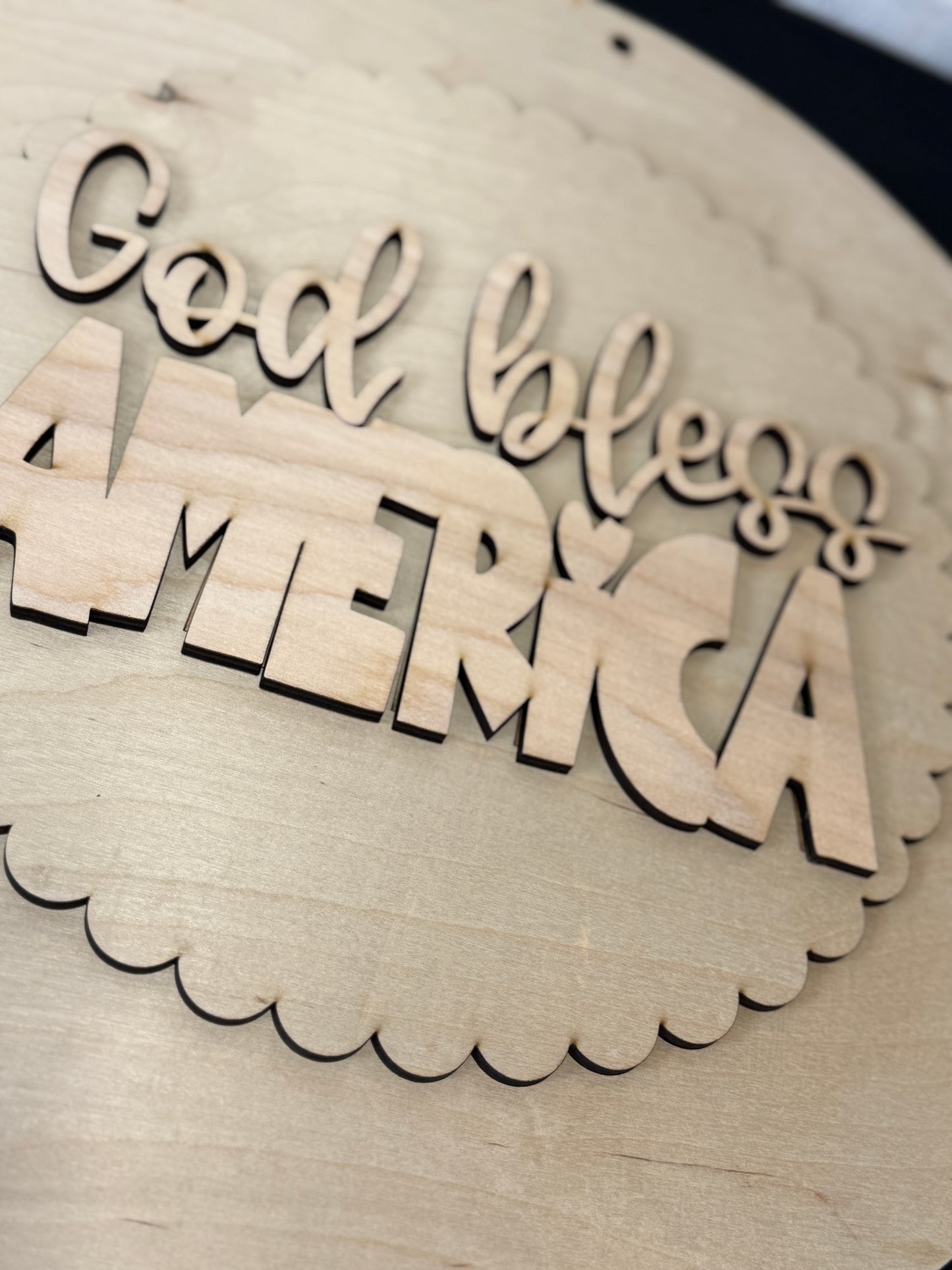 God Bless America Door Hanger DIY Kit | Patriotic Wood Blank with 3D Words | Faith Based Craft Kit | Scalloped Round Sign