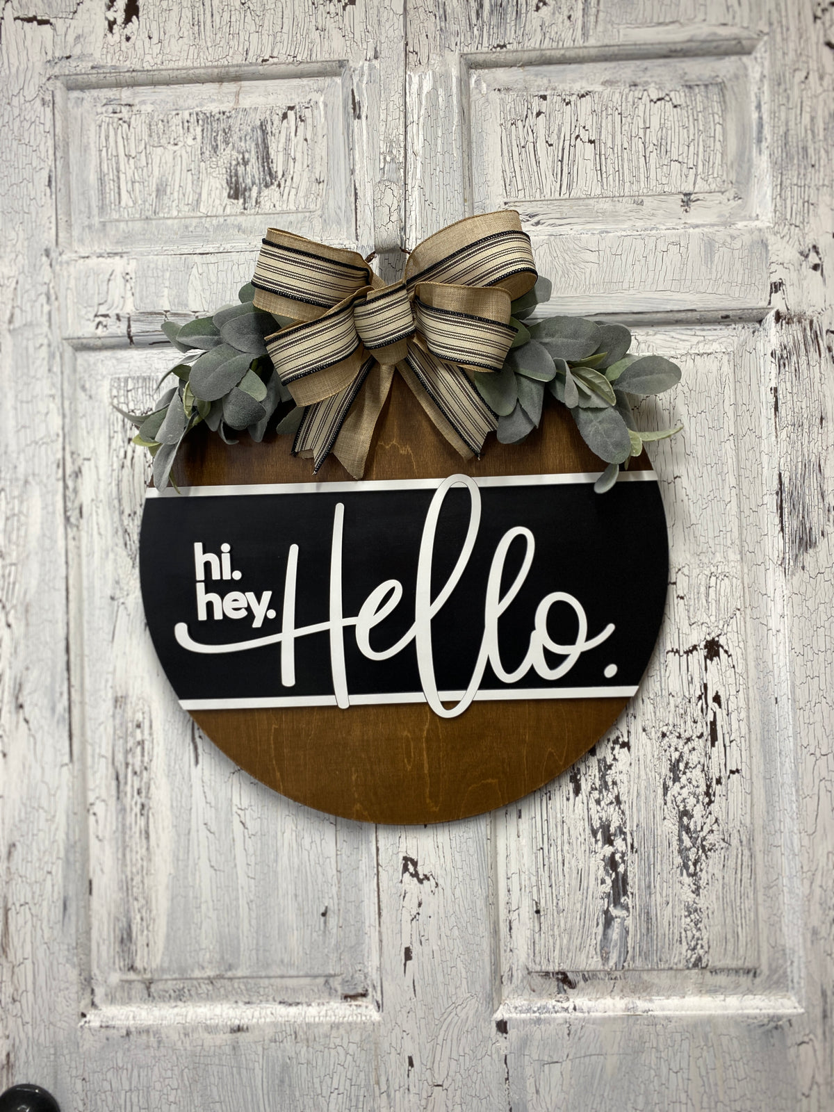 Wooden Front Door Hanger, Hi Hey Hello Wreath, Housewarming Gift for New Homeowners