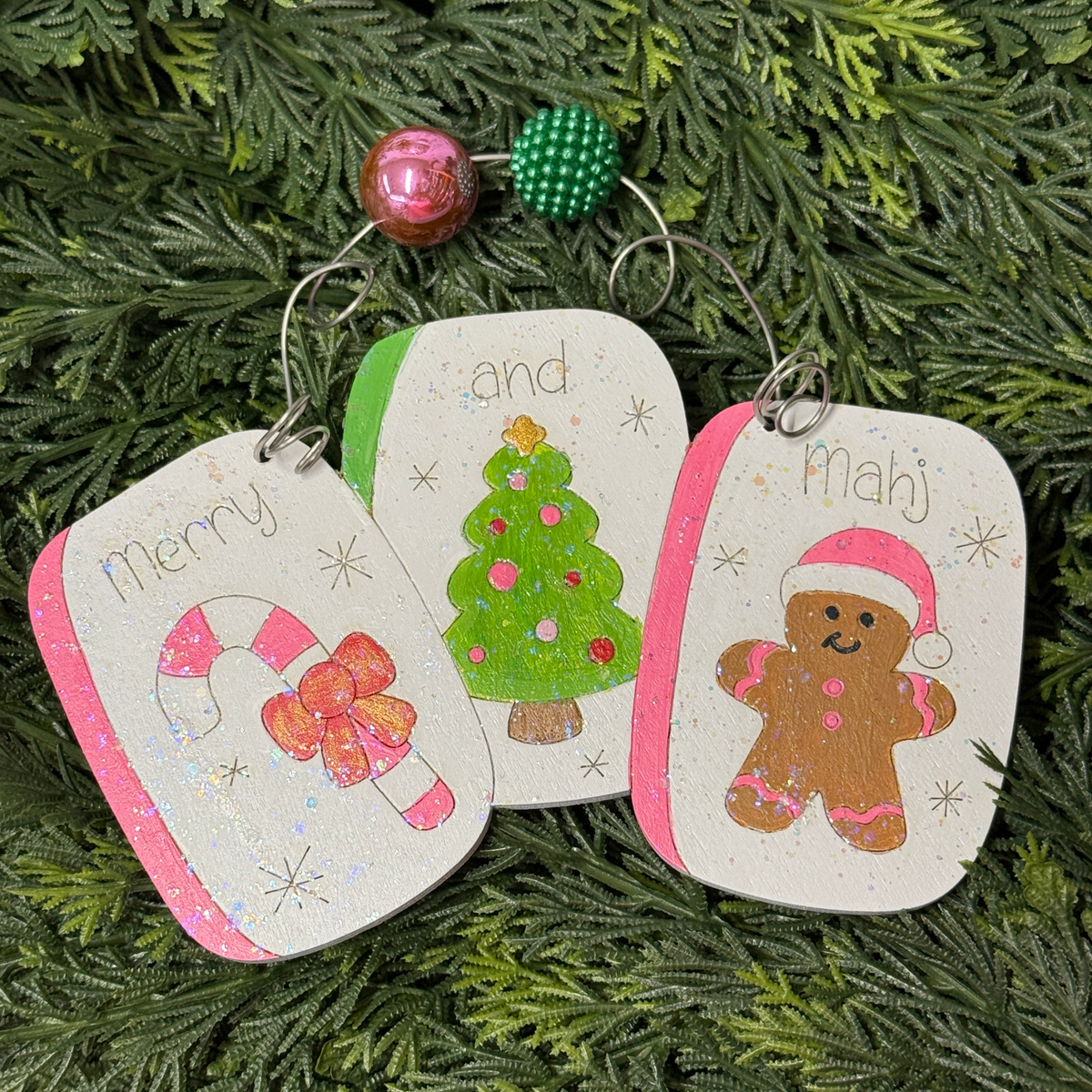 Mahjong Christmas Ornaments – Wooden Handpainted Handmade Oversized Holiday Decor