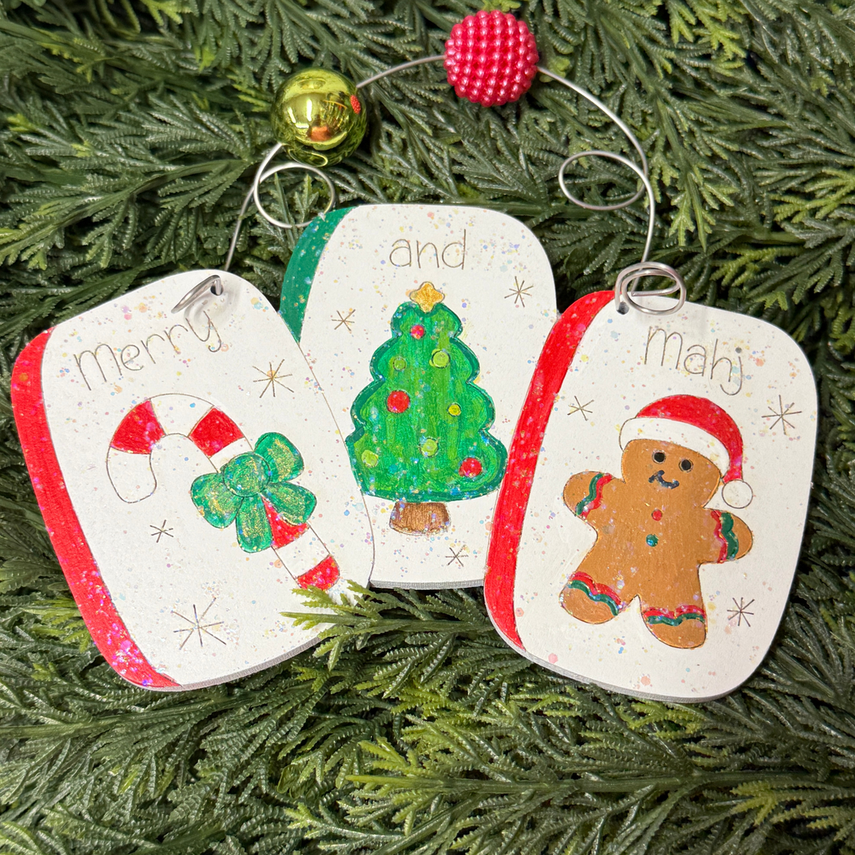 Mahjong Christmas Ornaments – Wooden Handpainted Handmade Oversized Holiday Decor