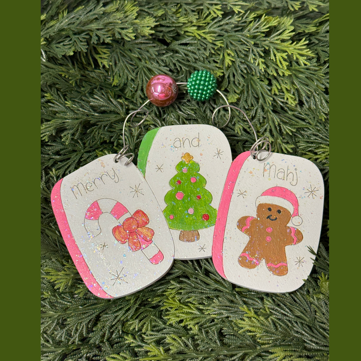 Mahjong Christmas Ornaments – Wooden Handpainted Handmade Oversized Holiday Decor