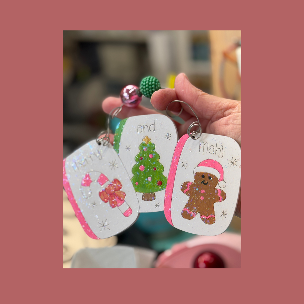 Mahjong Christmas Ornaments – Wooden Handpainted Handmade Oversized Holiday Decor