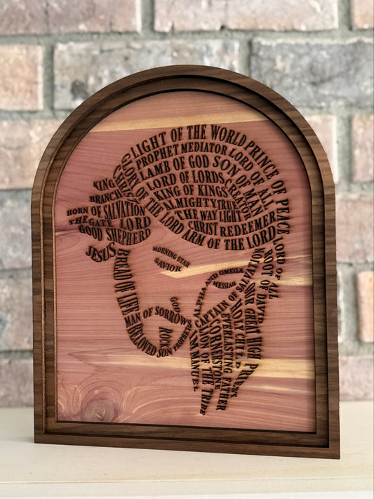 Names of Jesus Wood Wall Art | Christian Cedar Sign | Engraved Jesus Portrait | Faith Home Decor