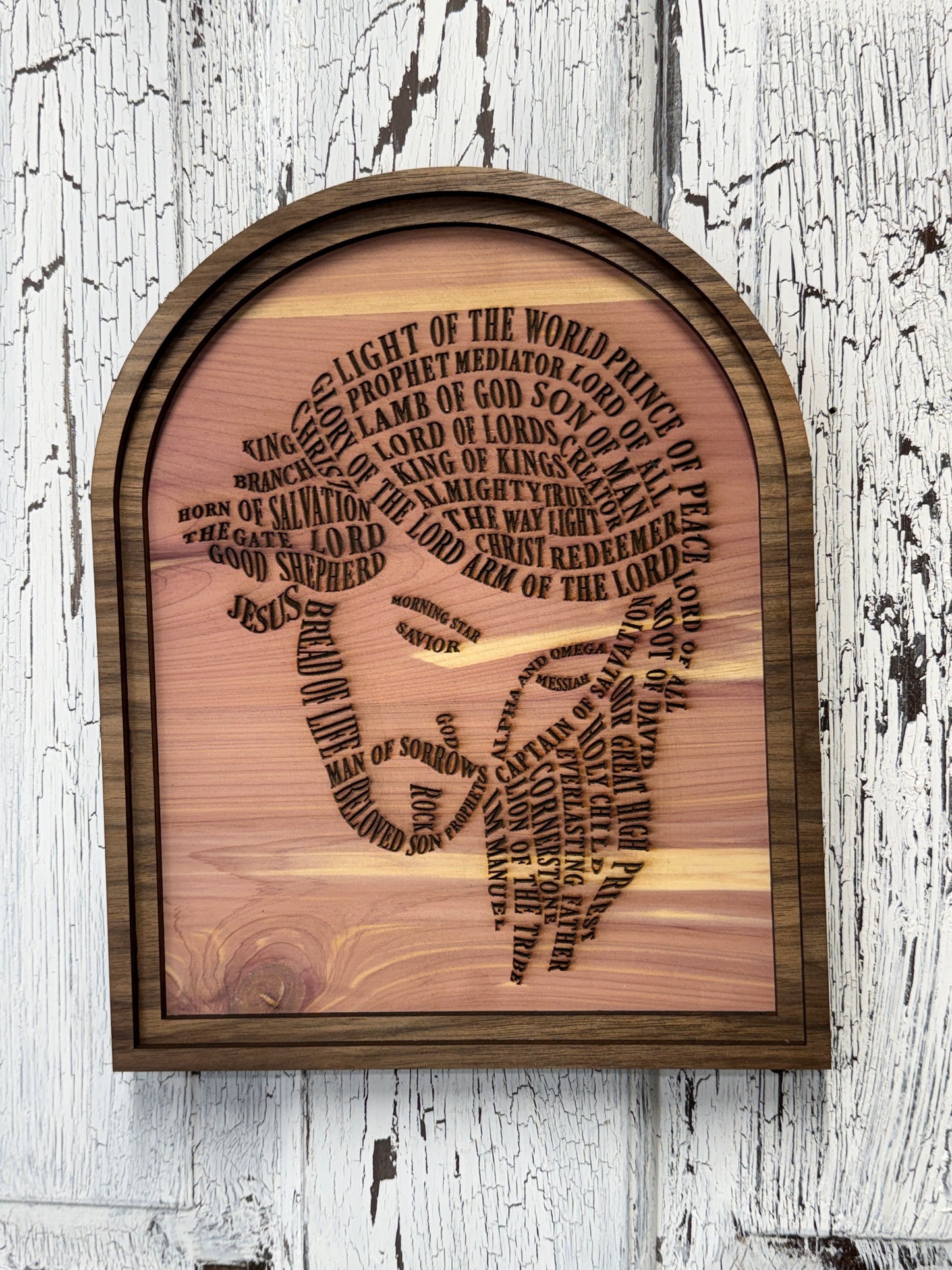 Names of Jesus Wood Wall Art | Christian Cedar Sign | Engraved Jesus Portrait | Faith Home Decor