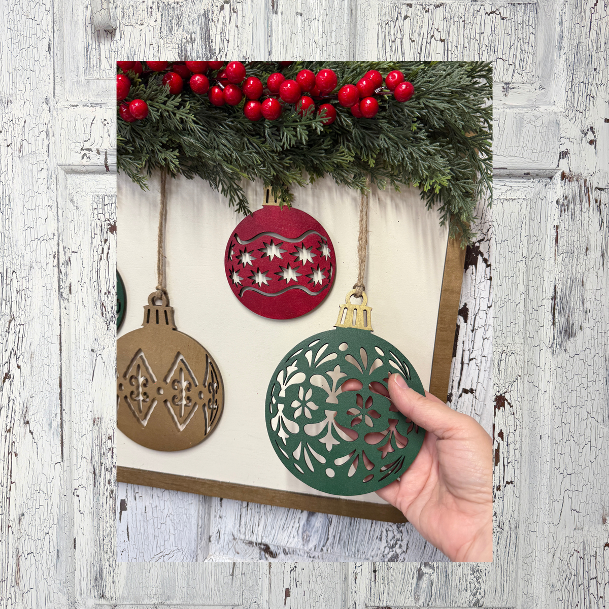 Christmas Ornament Mantle Sign | Greenery & Layered Holiday Decor